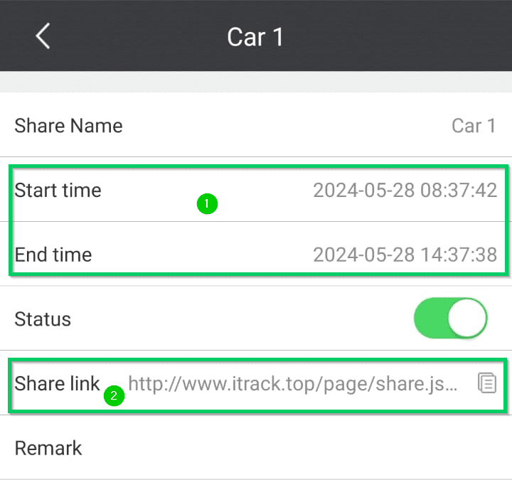 The share location tab on the iTRACK car tracking system