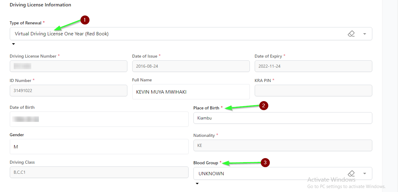 Driving Licence information Tab