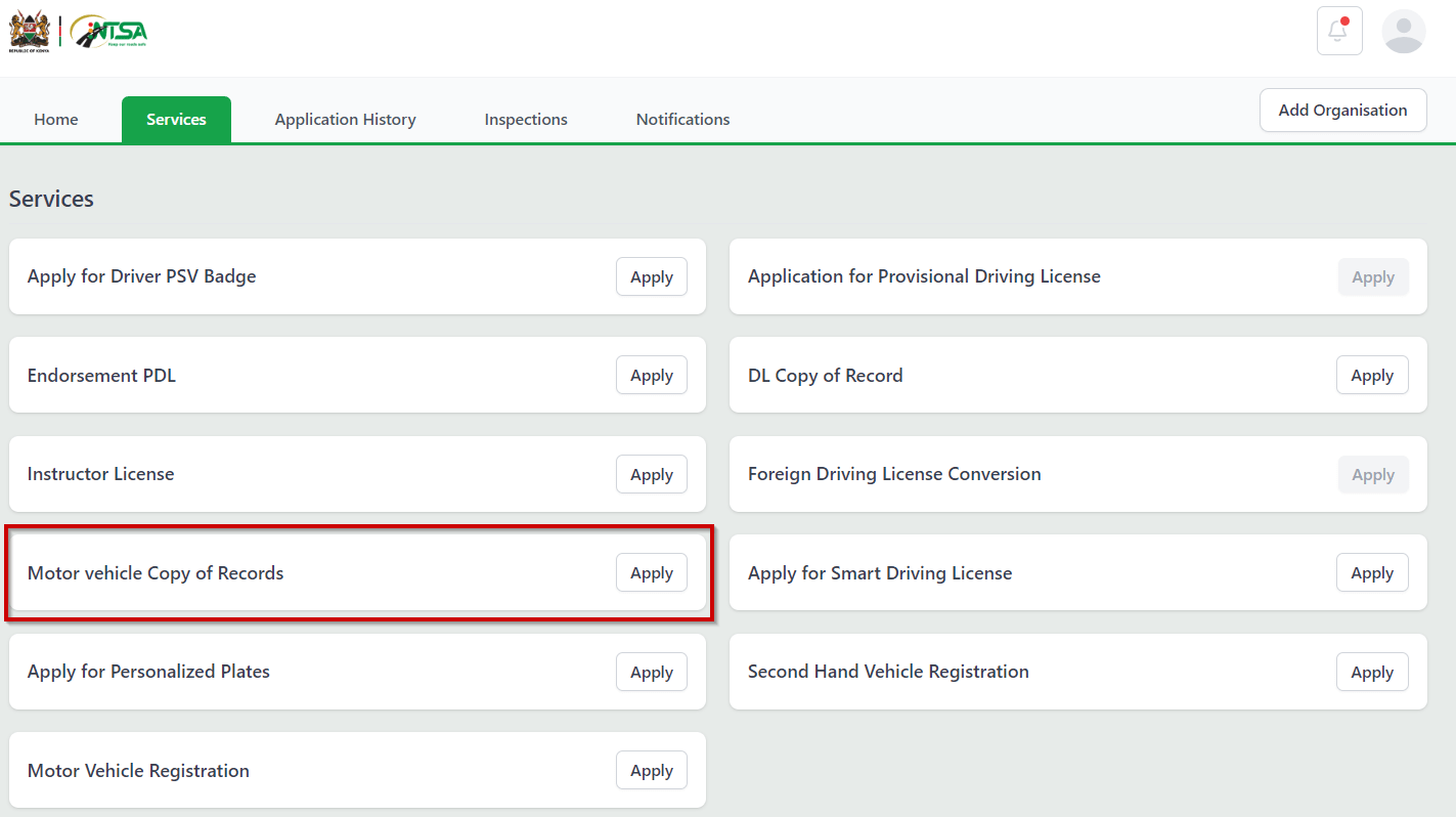 An image showing the Apply for motor vehicle copy of records button on the NTSA dashboard