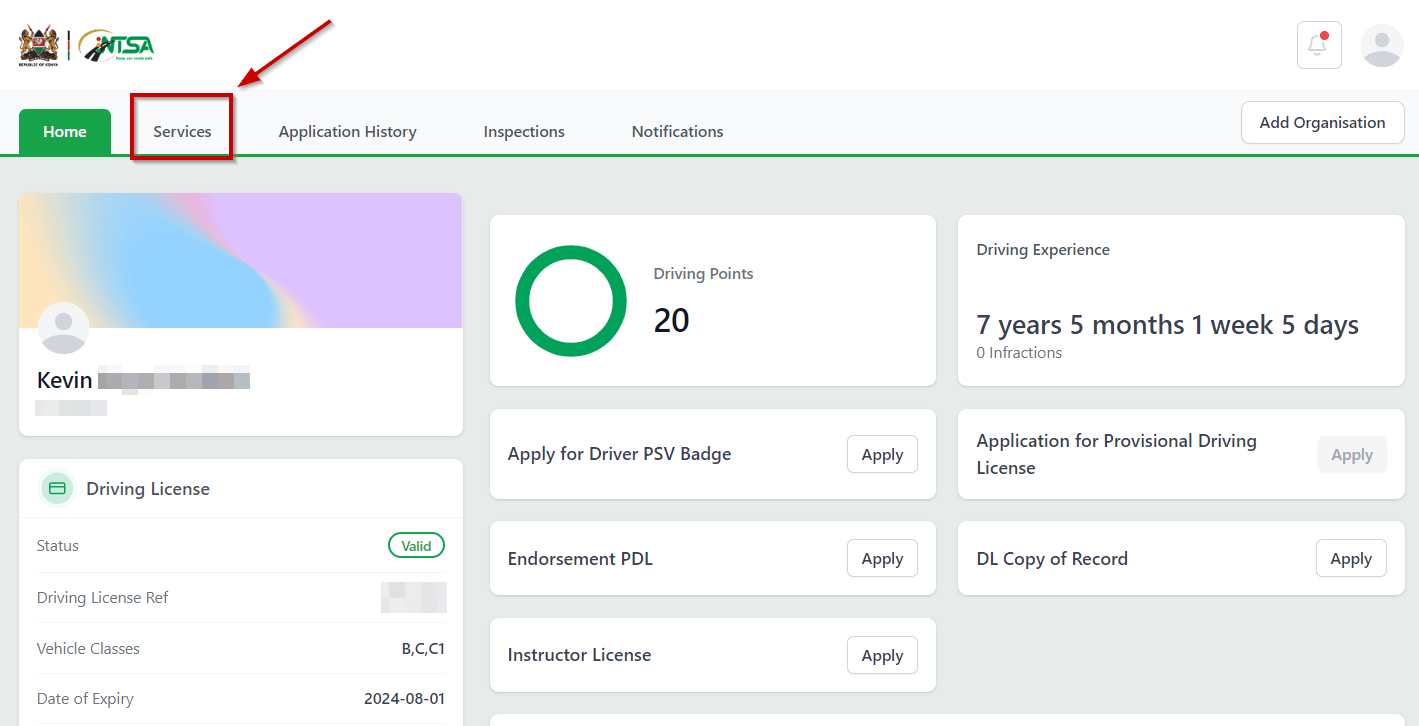 An image showing the services section on the NTSA dashboard as used in the article about Motor vehicle search in Kenya