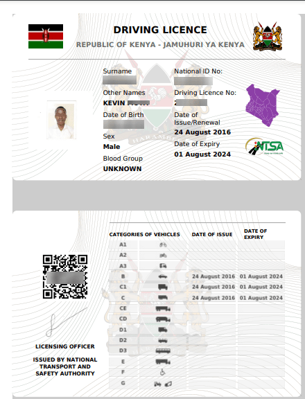A picture of a renewed driving licence as used in the article about driving licence renewal in Kenya