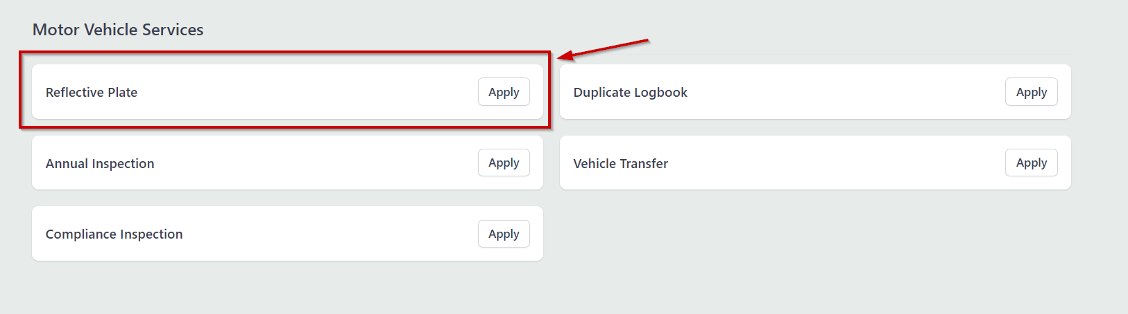 An image showing the Apply for a reflective number plate on option on the new NTSA dashboard under eCitizen