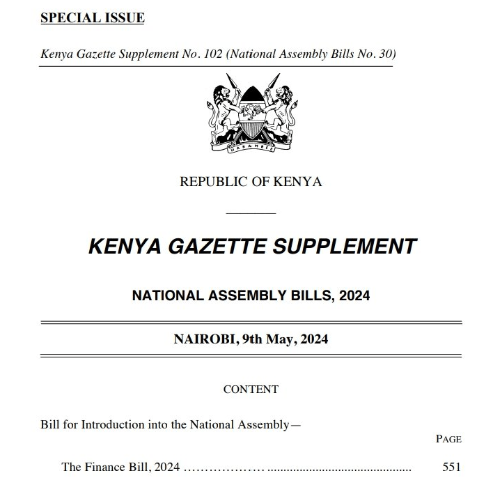 A picture of the Finance bill 2024 as used in the article about the Motor Vehicle Tax in Kenya