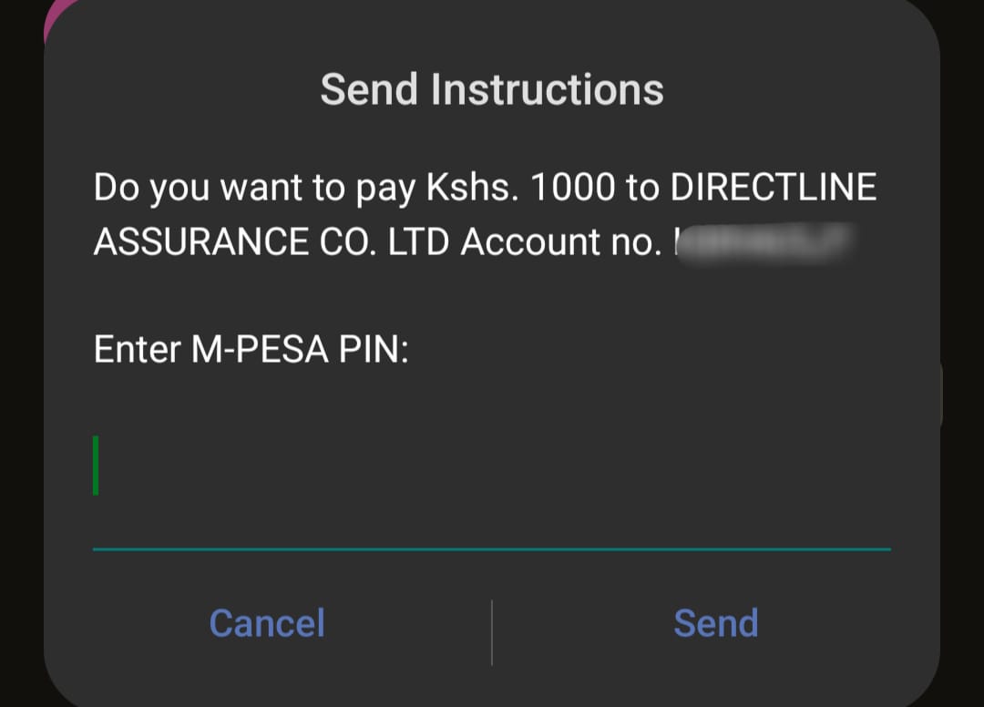An image showing an STK push sent by directline Assurance prompting you to pay the ksh 1,000 for the one month third party car insurance
