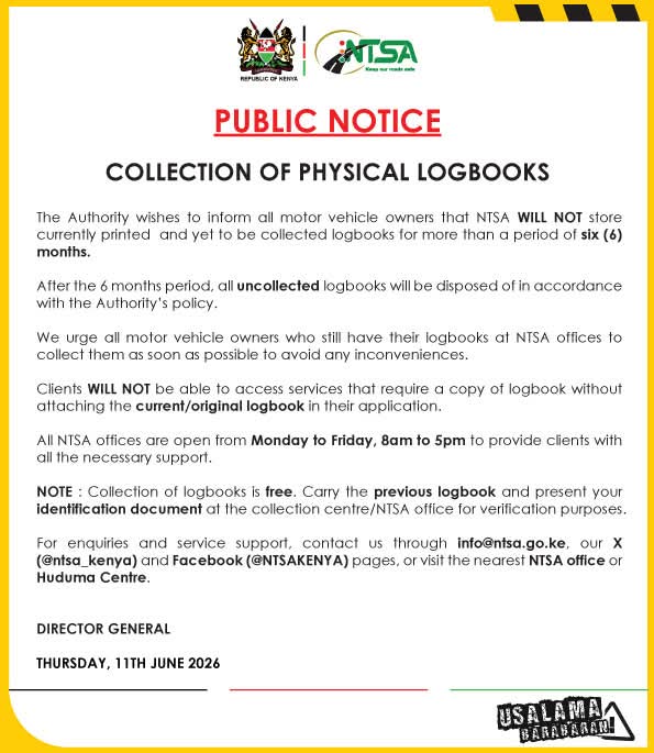 NTSA Notice in the Article titled. NTSA E-Logbook Kenya: Everything Vehicle Owners Need to Know in 2026