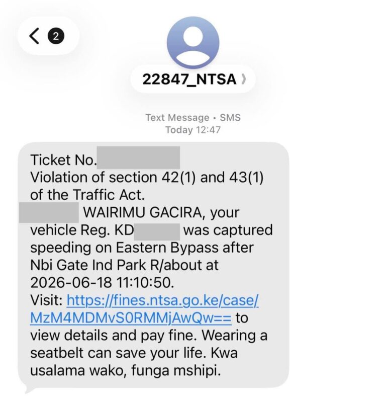 NTSA Instant Fine message Example