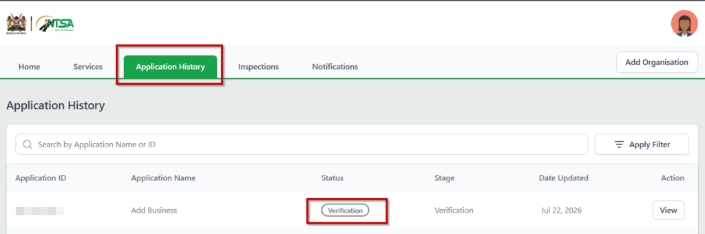 Verification page on the NTSA portal while adding a business